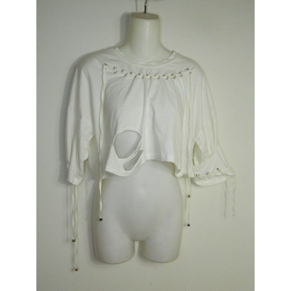 POL Clothing Shirt White Cropped‎ Distressed Beaded Strings Tank Top